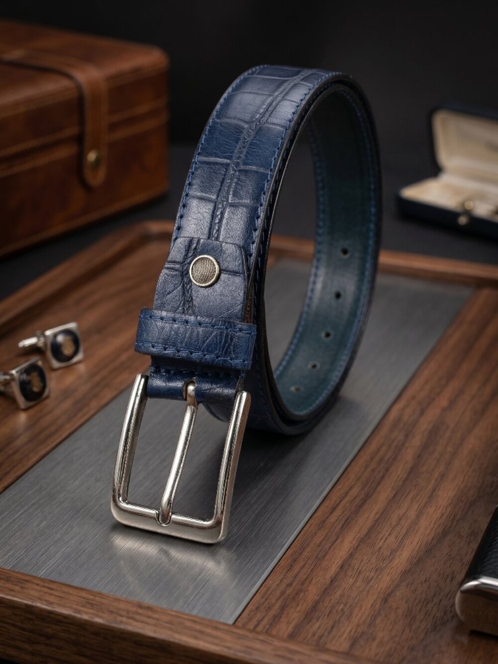 Men's Crocodile Texture Leather Belt Luxury Formal Blue Belt